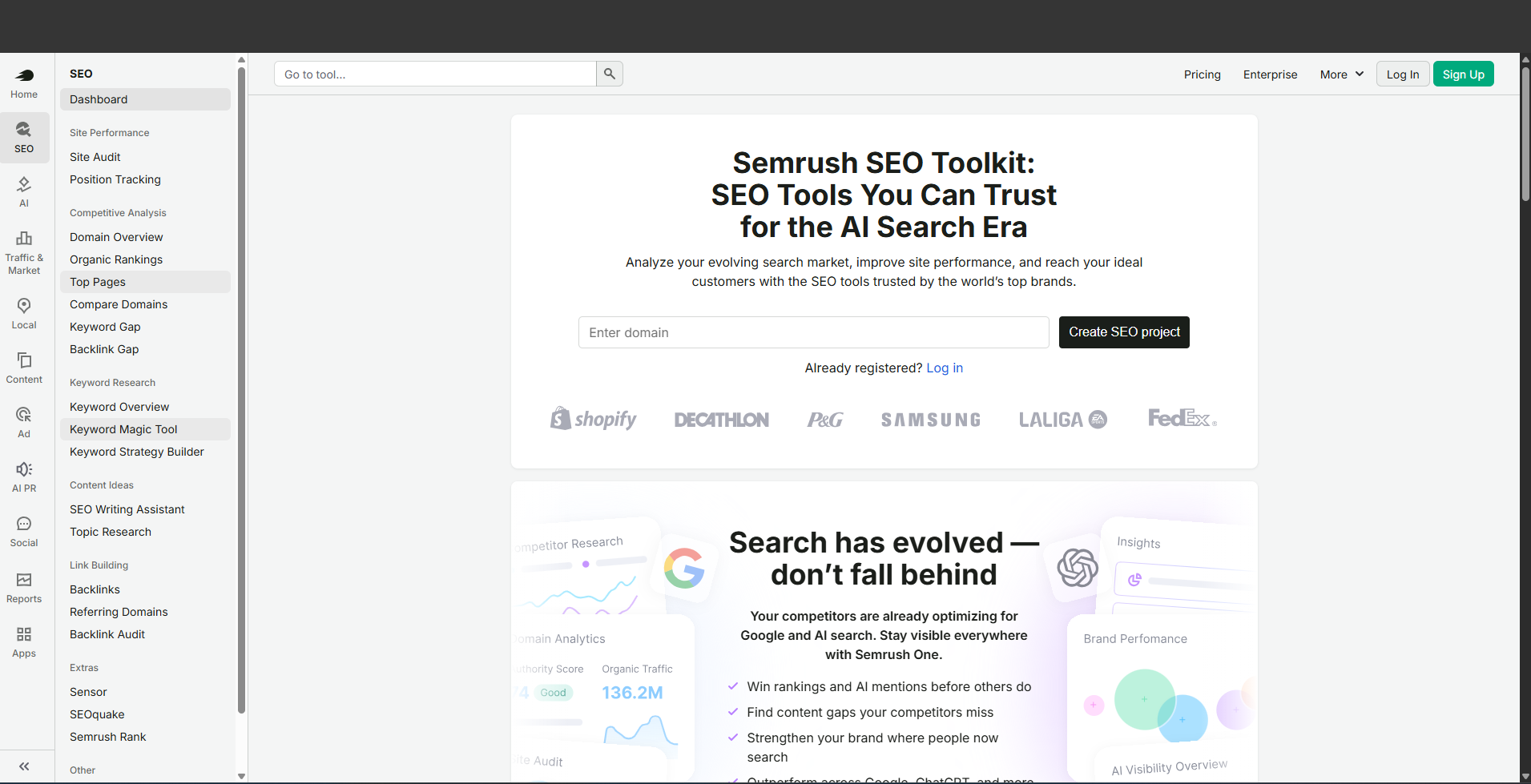 Semrush. Satu menu berisi banyak alat yang saling terhubung, dari audit situs sampai riset kata kunci dan pembangunan tautan.