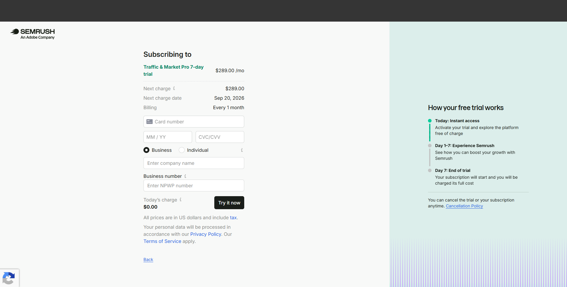 Semrush. Uji coba gratis tetap meminta nomor kartu di awal, dengan tagihan penuh setelah tujuh hari. Untuk UMKM Indonesia, ini pagar masuk yang jauh lebih tinggi daripada harga aktivasi Brand Audit.